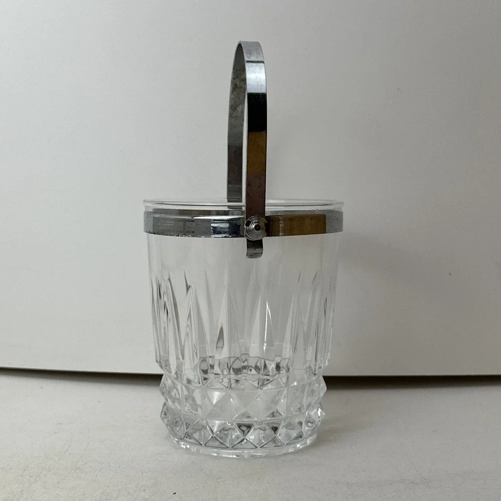 Vintage French Crystal D'Arques Glass Ice Bucket Clear Chrome Handle 5